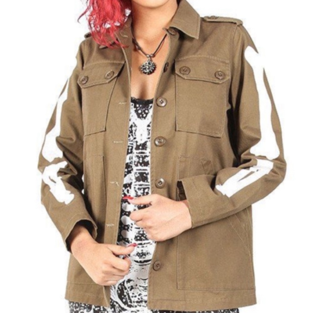 Iron Fist Olive Green Skeleton Military Jacket Skull Bones Utility Coat